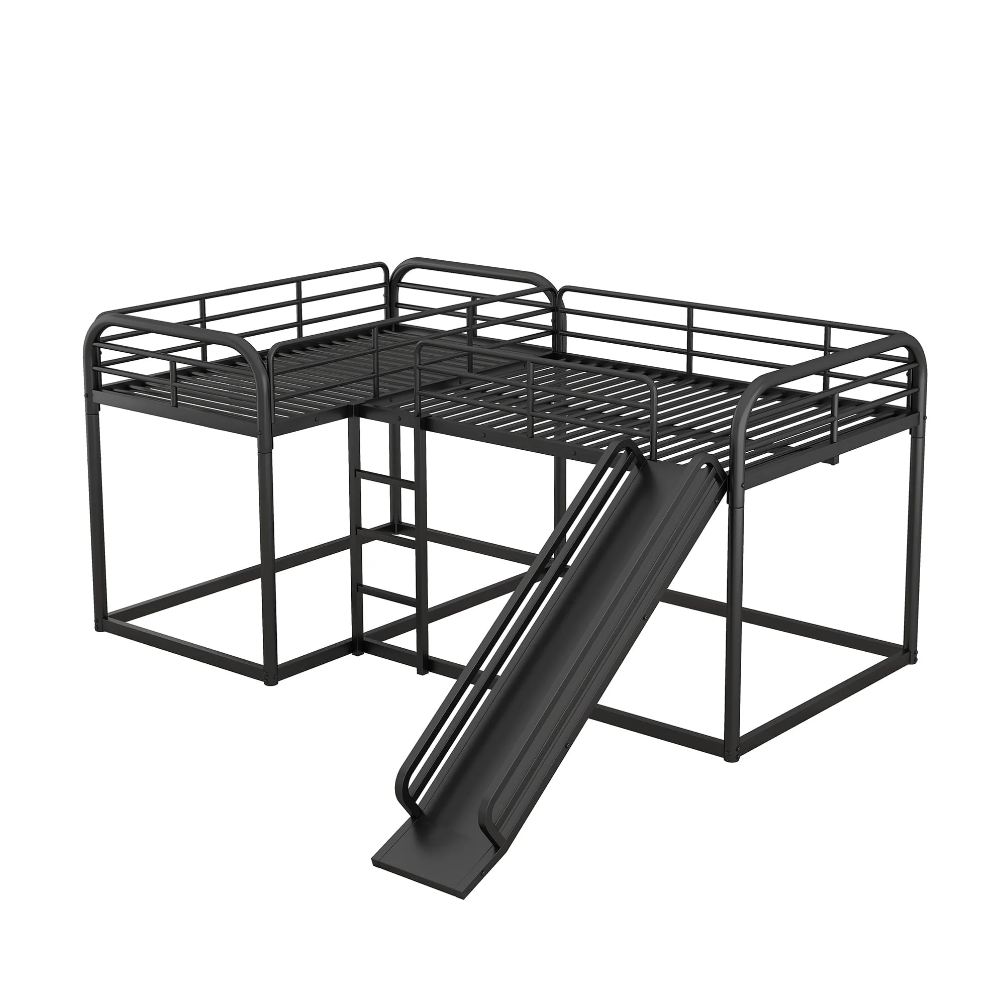 Full and Twin Size L - Shaped Quadruple Metal Bunk Bed with Slide for Kids, Black