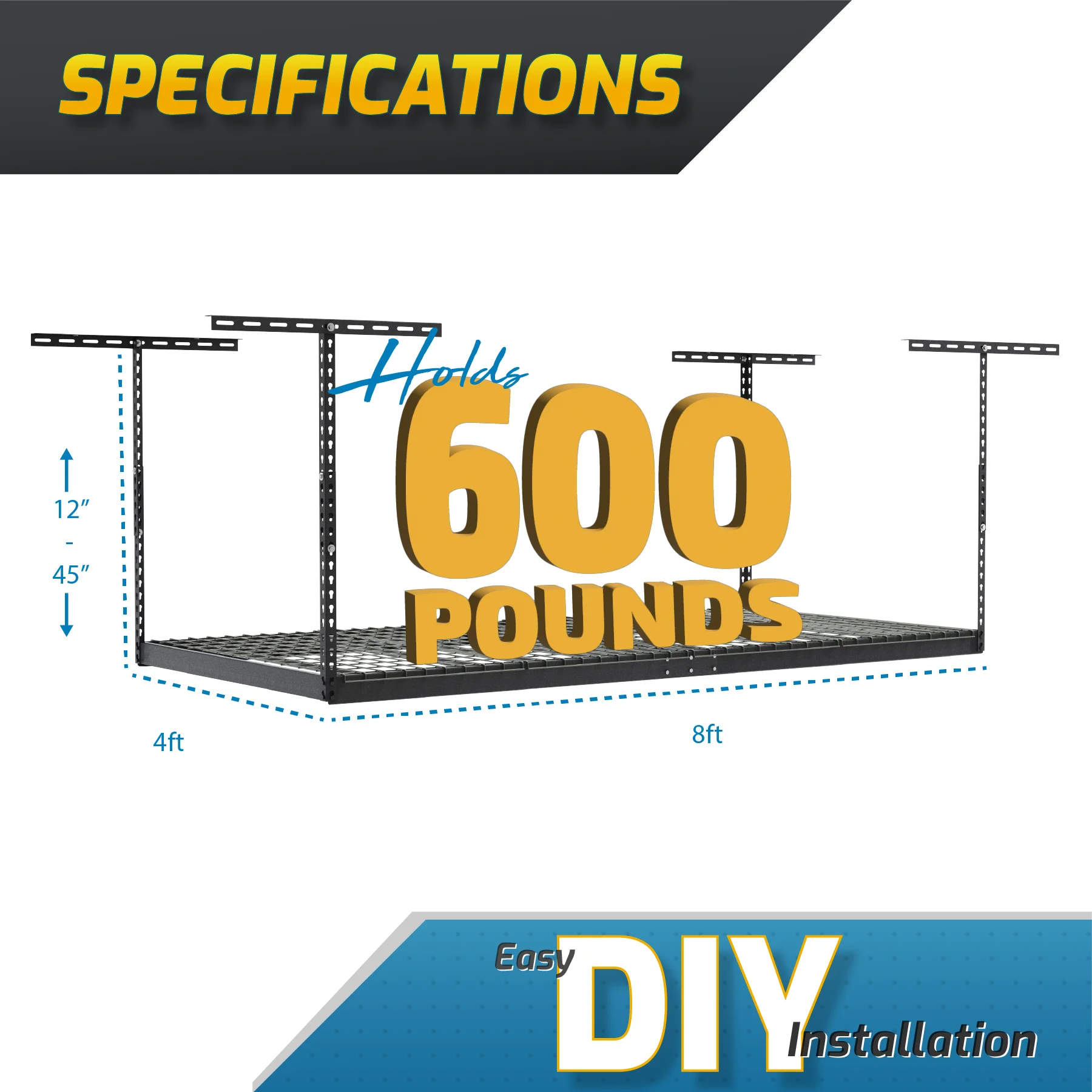 MonsterRax 4' x 8' Overhead Garage Storage Rack Holds 500 Pounds, White