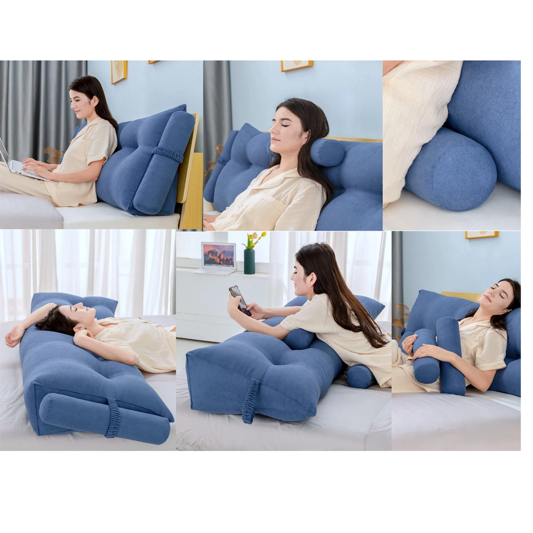 Peachwell Triangular Reading Bed Rest Pillow Large Bolster Cushion Headboard Backrest Wedge Pillow with Two Detachable Roll Pillows for Neck & Lumbar Support (Blue, Queen: 59 x 8 x 20 inches)