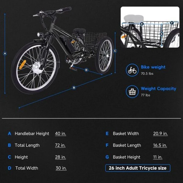 26 Inch Adult 3 Wheel Electric Tricycle With Basket, Fat Tires, 7 Speeds, 350W Motor, 36V 10Ah Battery – BICYCLE