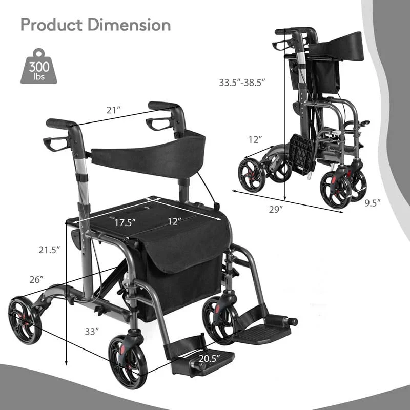 2 In 1 Rollator Walker Wheelchair Folding Medical Walker Aluminum Transport Chair Mobility Walking Aid - Comfortable And Ergonomic Design