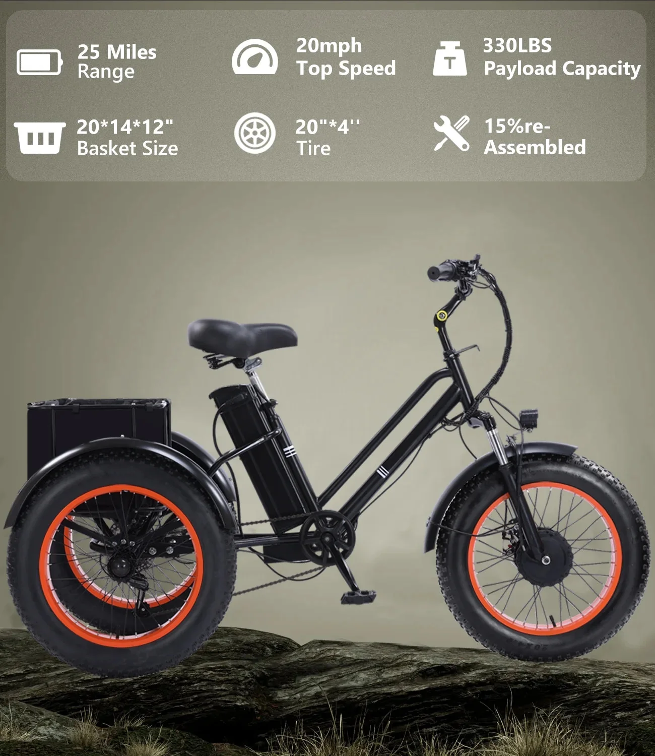 YEBEI Folding Electric Tricycle for Adults, 500W Motor, 48V15AH Lithium Battery, 20 x 4.0 in Fat Tires