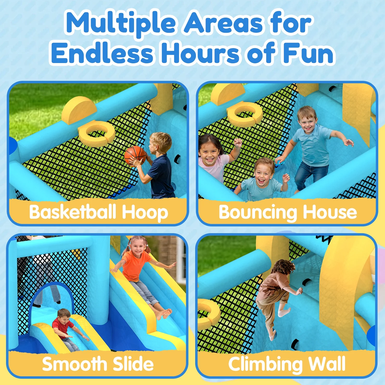 Mukidy 114''x 114'' x 92.5'' Inflatable Bounce Houses for Kids 3-10 with Blower Double Slide and Ball Pit/Indoor Bouncy House, PVC, Child, Teen, Toddler,Blue
