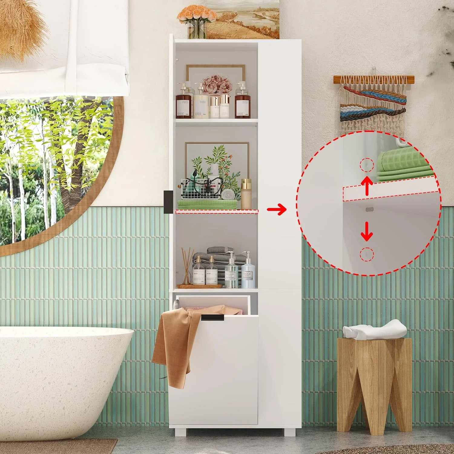 Storage cabinet with laundry basket, display cabinet
