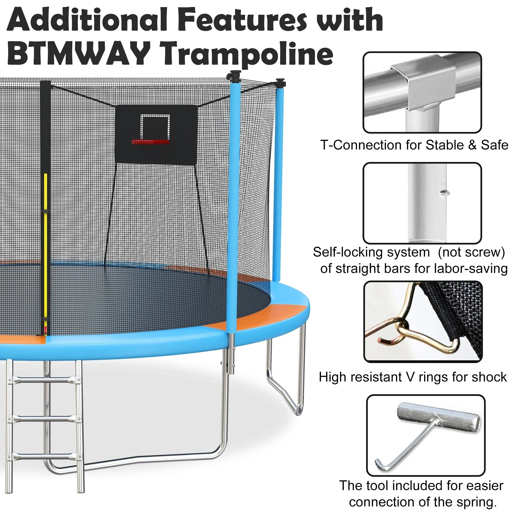 SHINPT 14ft Outdoor Trampoline With Safety Net, Basketball Hoop And Ladder