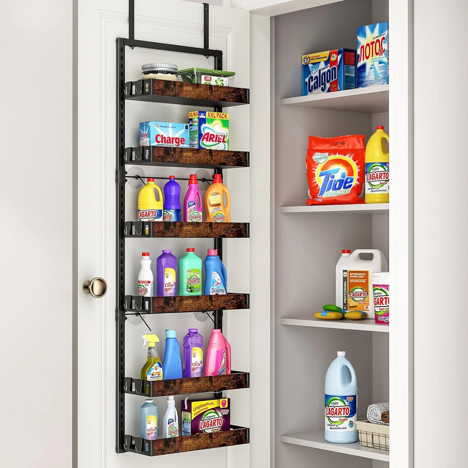 Over the Door Pantry Organizer, 6-Tier Adjustable Wooden Basket Kitchen Pantry Door Organization and Storage, Heavy-Duty Metal Hanging Kitchen Spice Rack,D6.3 x W17.71 x H50.60 inch,1 Pack