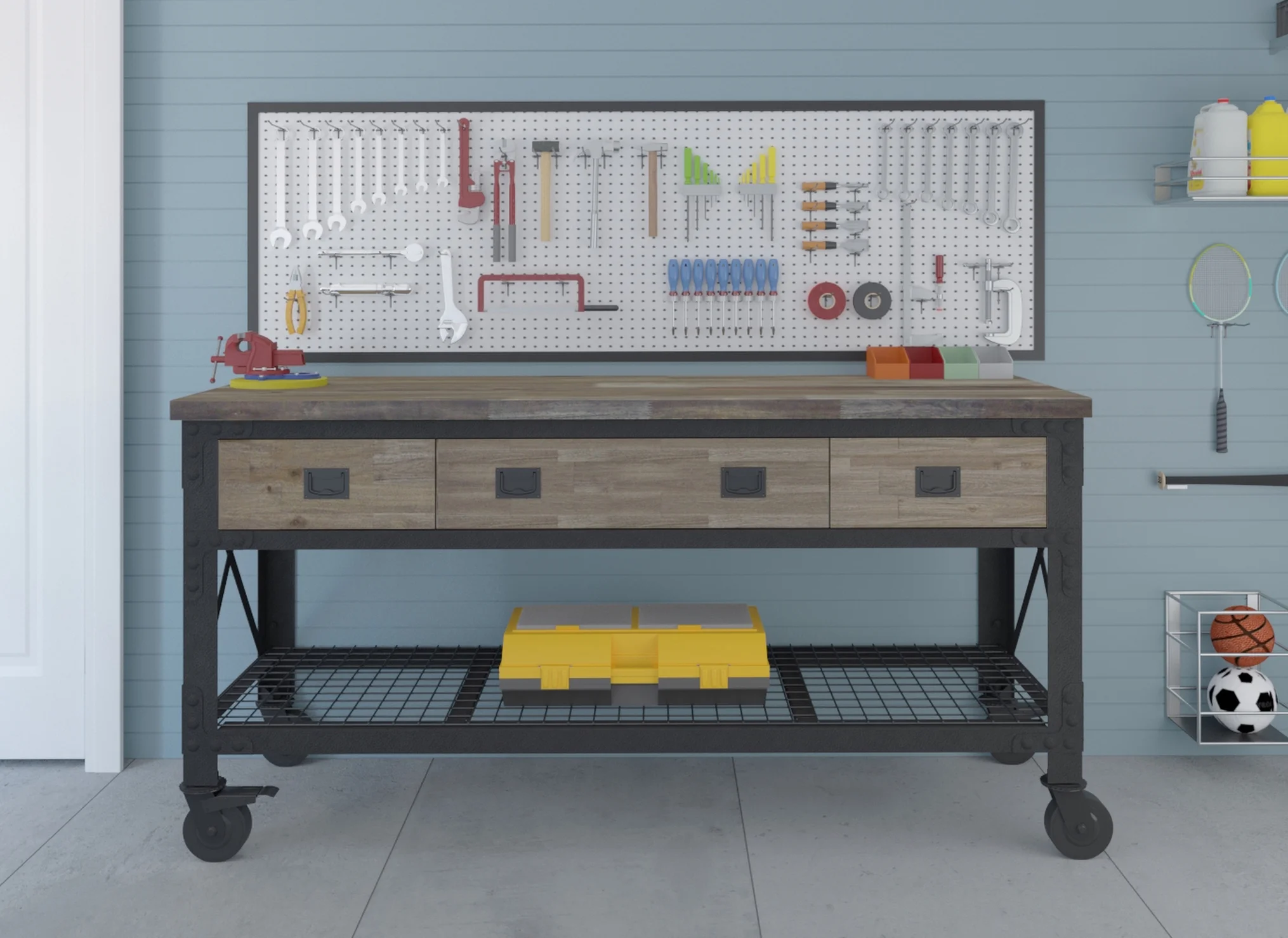 72 In x 24 In. 3 Drawer Rolling Industrial Workbench with Wood Top - Aged Macadamia