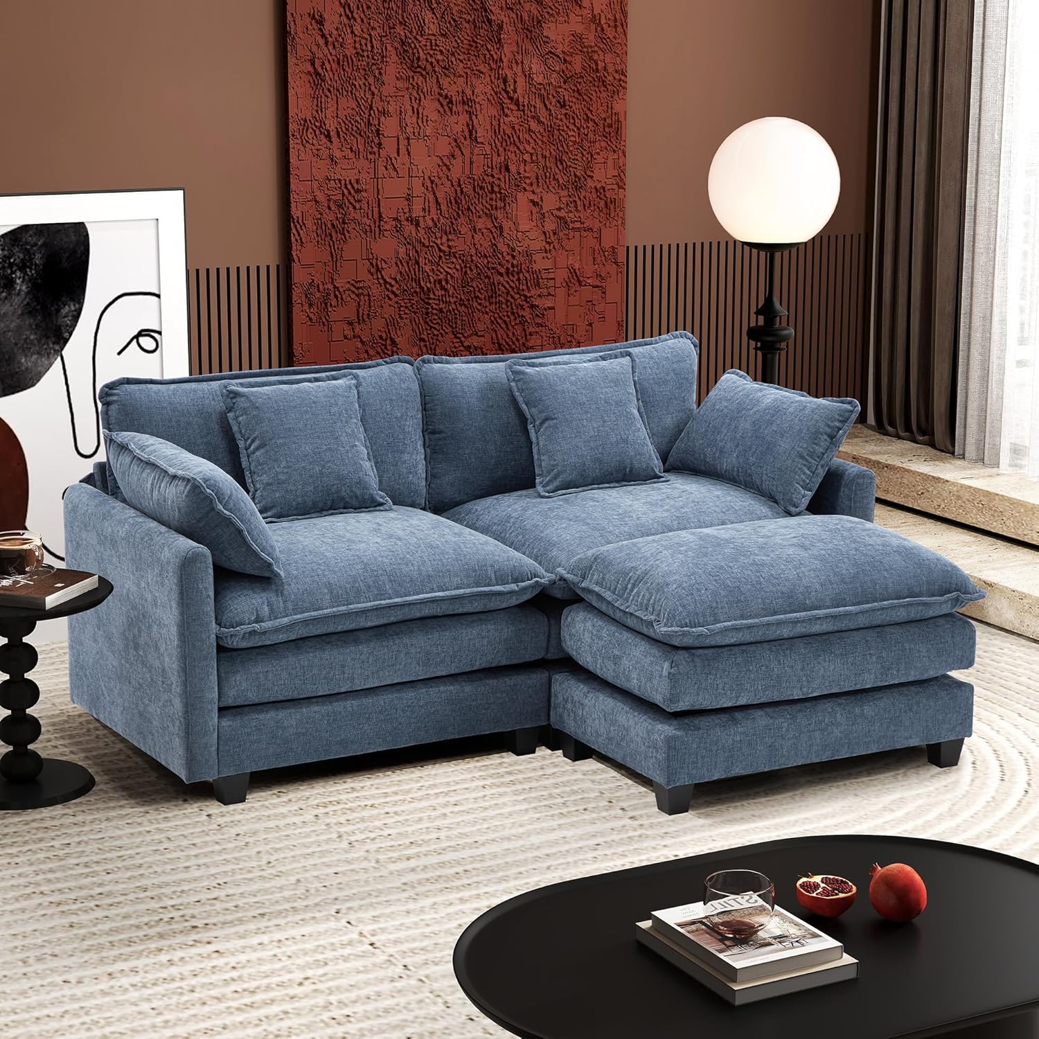 Ihanherry 146" U-Shaped Modern Sofa Modular Sectional Cloud Couch with 2 Ottoman, 6-Seat Chenille Deep Seat Sofa with 6 Pillows for Living Room, Bedroom and Apartment, Grey