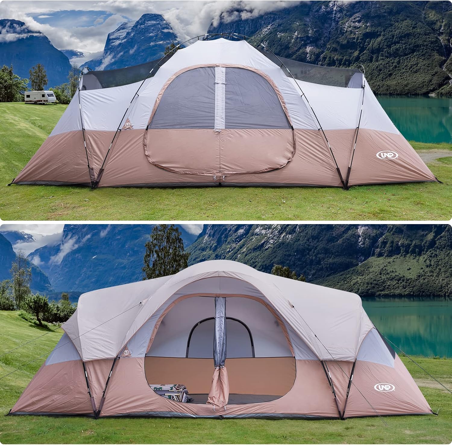 UNP Camping Tent 10-Person-Family Tents, Parties, Music Festival Tent, Big, Easy Up, 5 Large Mesh Windows, Double Layer, 2 Room, Waterproof, Weather Resistant, 18ft x 9ft x78in