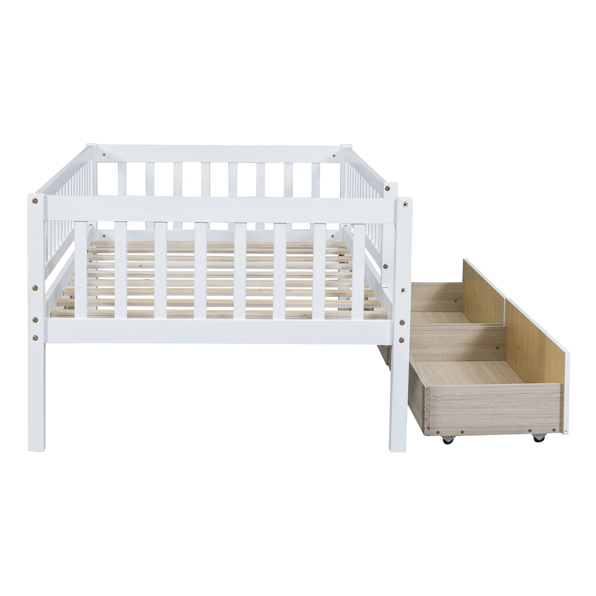 Holaki Twin Size Wood Bed with Guardrails and 2 Storage Drawers for Kids, Gray
