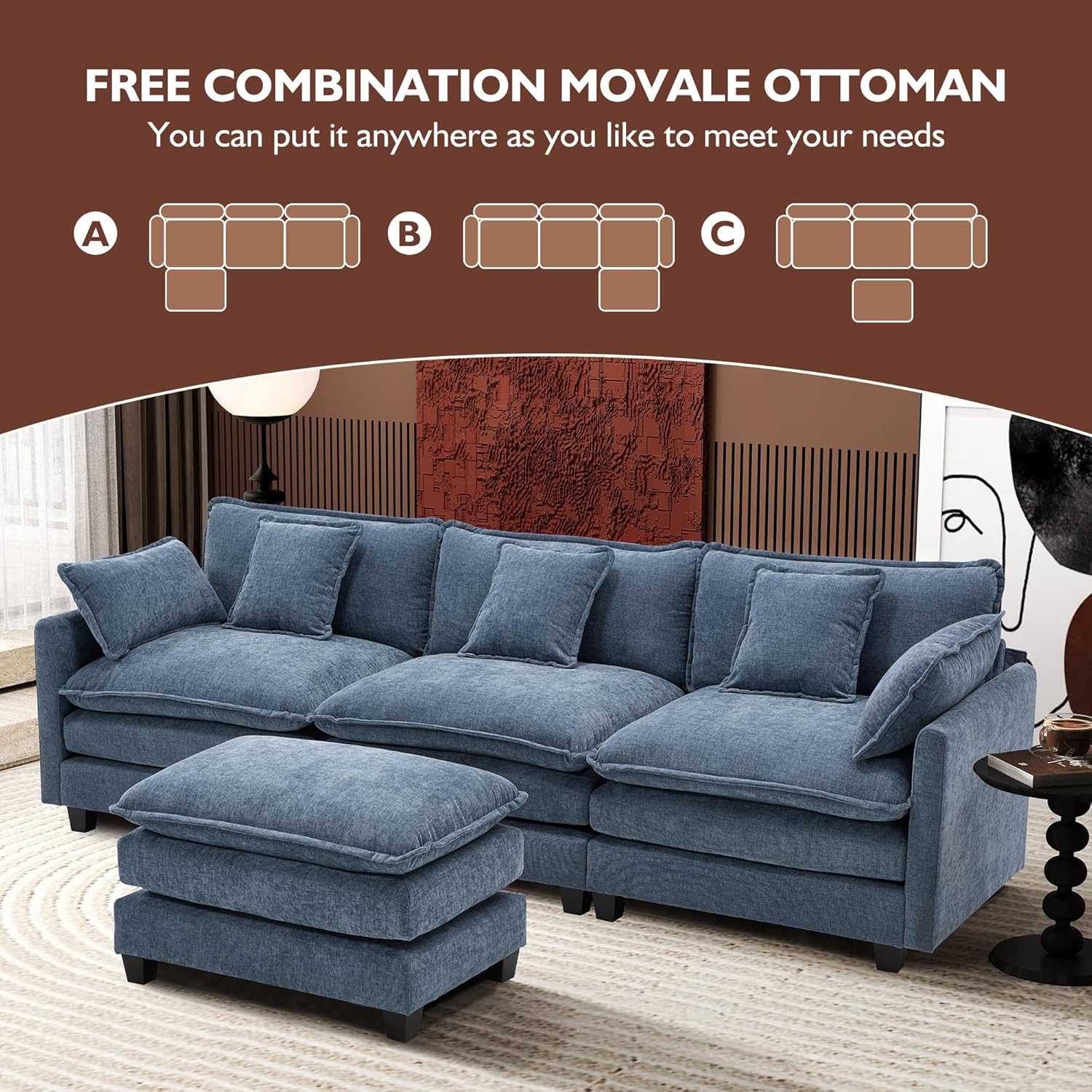 Ihanherry 146" U-Shaped Modern Sofa Modular Sectional Cloud Couch with 2 Ottoman, 6-Seat Chenille Deep Seat Sofa with 6 Pillows for Living Room, Bedroom and Apartment, Grey
