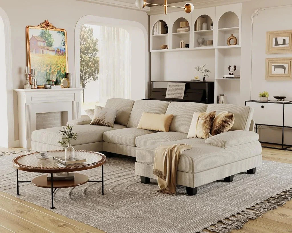 Furmax Sectional Couches for Living Room, U-Shaped Sofa Couch with Linen Fabric, 4 Seat Sofa Set with Double Chaise for Apartment (Fabric, Grey)