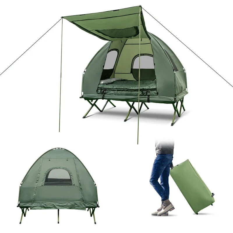 5-in-1 2-Person Portable Camping Tent Cot With Air Mattress, Sleeping Bags And Sunshade – Green & Blue