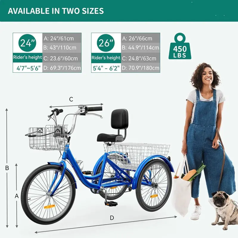 26-Inch Adult Tricycle - 7-Speed Heavy-Duty 3-Wheeled Bicycle