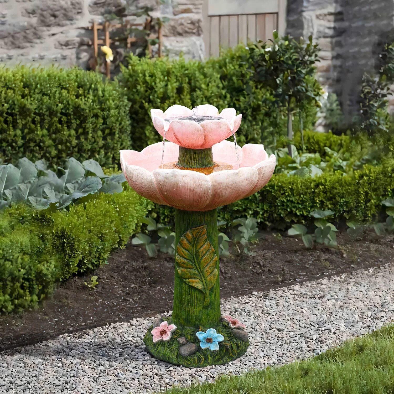 Luxenhome Solar Powered Pink Flower 2 – Tier Resin Birdbath Fountain with Lights