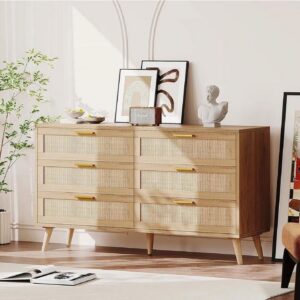 Huloretions 6 Drawer Dresser,Rattan Chest of Dressers,Mid Century Modern Dresser For Closet With Handles,Large Table Top Dresser For Bedroom Living Room Hallway 47.2" x 15.7" x 29.5"