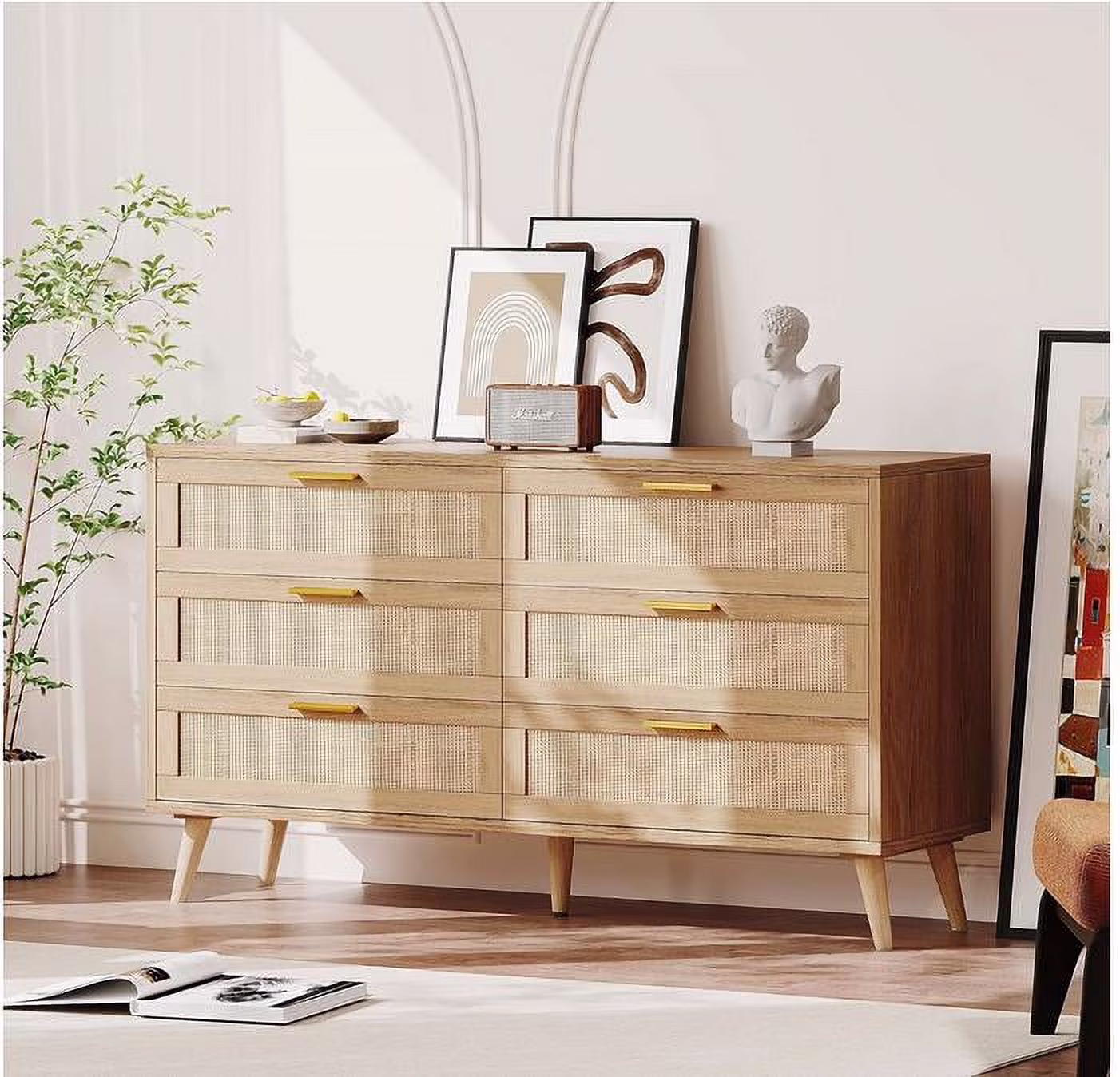 Huloretions 6 Drawer Dresser,Rattan Chest of Dressers,Mid Century Modern Dresser For Closet With Handles,Large Table Top Dresser For Bedroom Living Room Hallway 47.2″ x 15.7″ x 29.5″