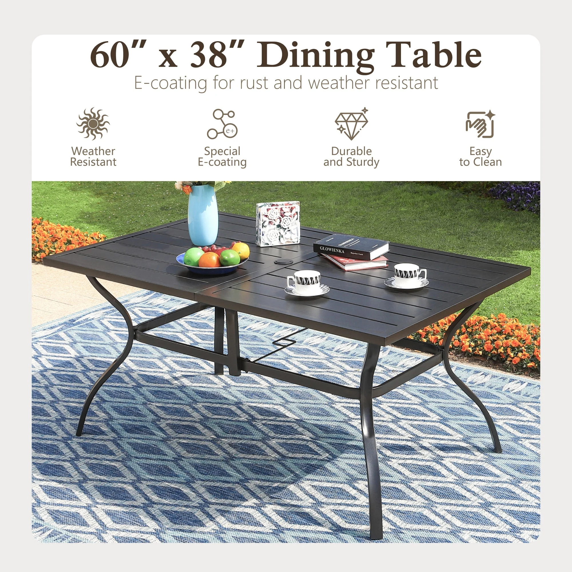 Sophia & William 60″ x 38″ Outdoor Metal Rectangular Dining Table for 6, Black