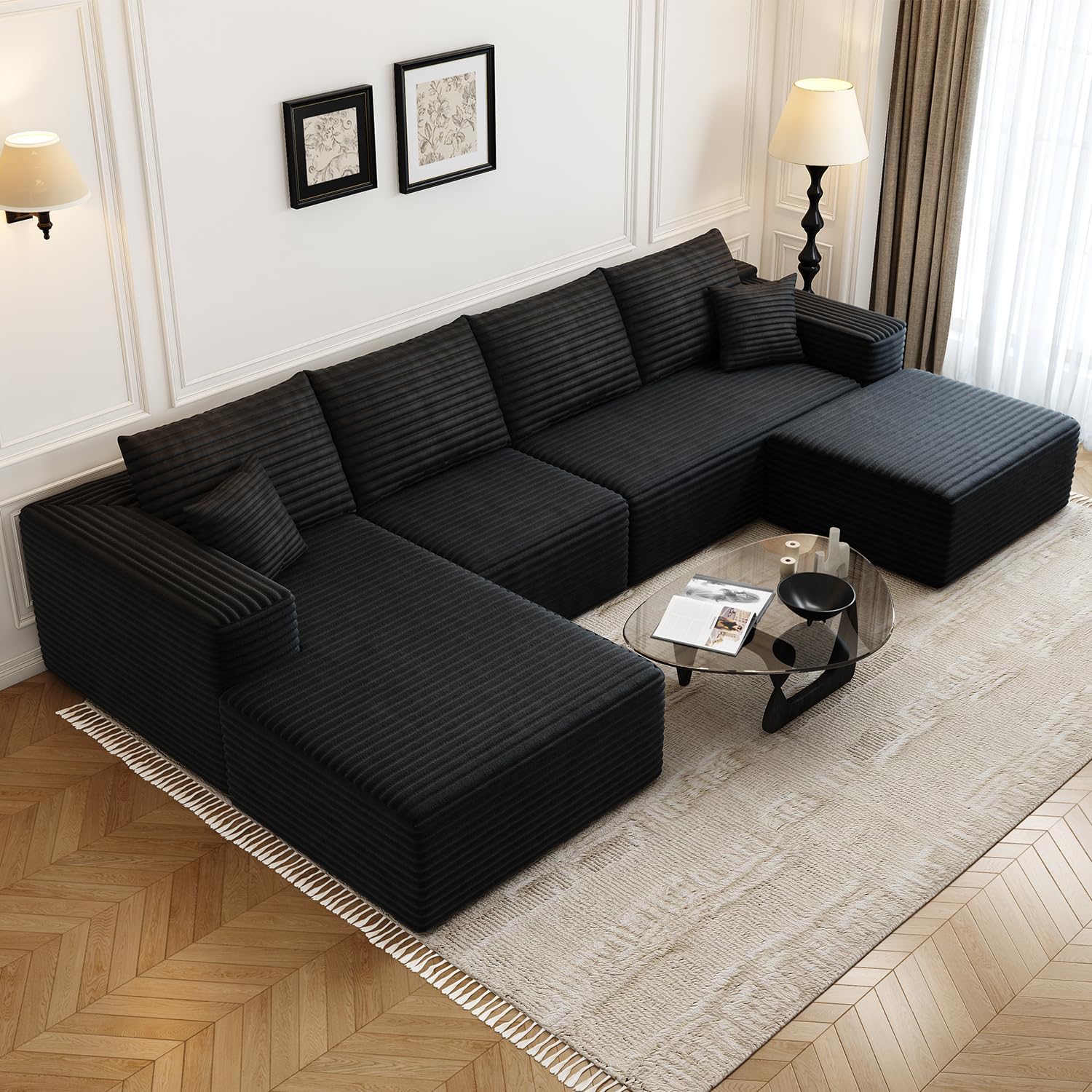 107.5″ Cloud Modular Sectional Sofa Couch with L-Shape Chaise,Modern Minimalist Upholstered Couches for Living Room Bedroom,Deep Seat Corner Couch .No Assembly Required (Black,Left Facing Chaise)
