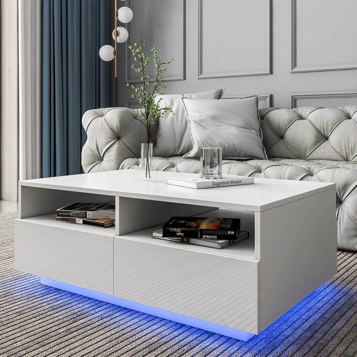 Hommpa LED Coffee Table Rectangular High Gloss Coffee Tea Table Modern Center Table with LED Light 4 Storage Drawers Sofa End Table for Living Room 35.4 x 22 x 13.8 Inches