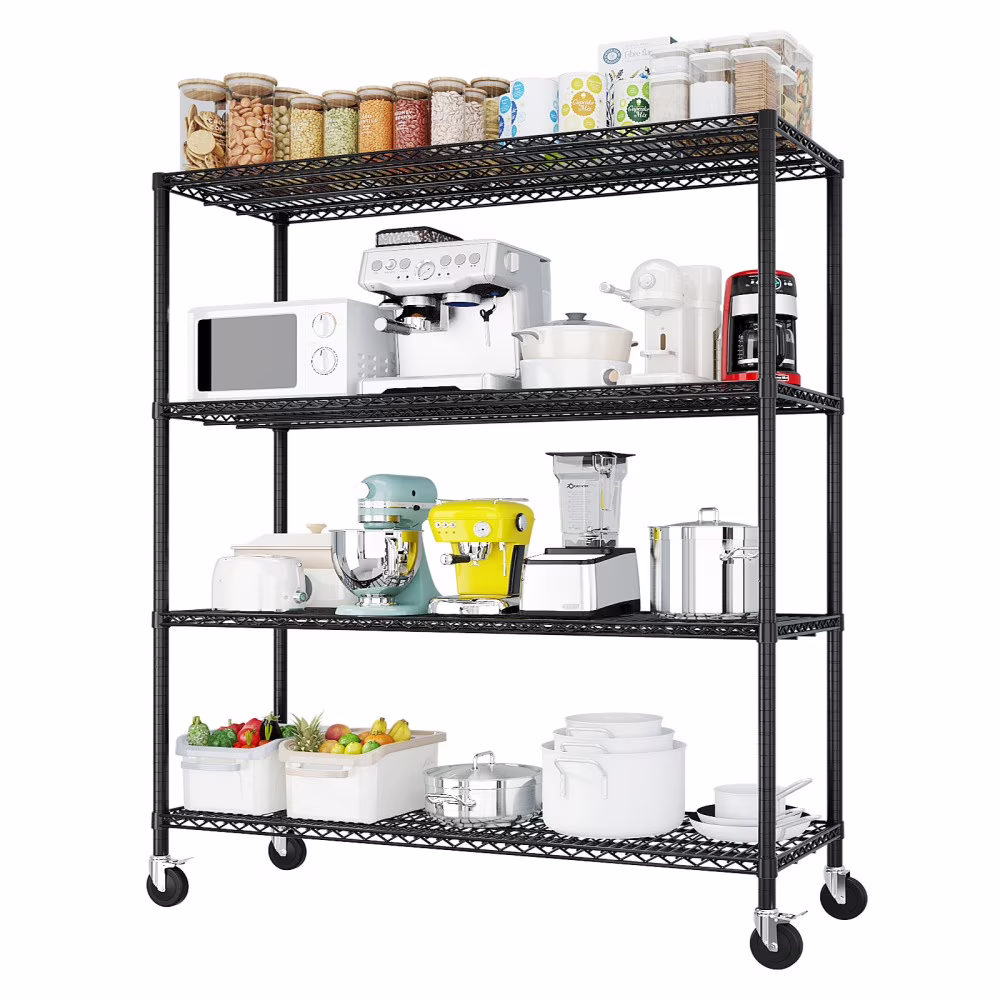 IVV 4-Tier Wire Shelving Unit on Wheels, Rolling Metal Storage Utility Rack, 2500LBS Capacity, Height Adjustable for Restaurant Garage Pantry Kitchen, 55.12″L x 23.62″W x 75.59″H, Black