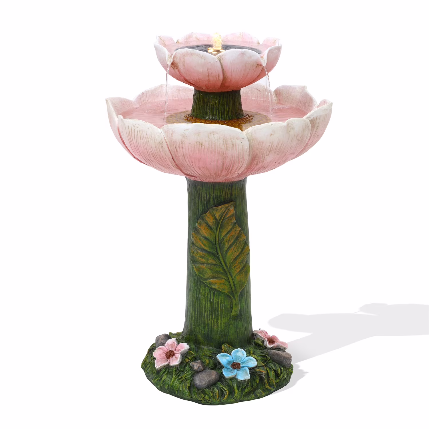 Luxenhome Solar Powered Pink Flower 2 – Tier Resin Birdbath Fountain with Lights