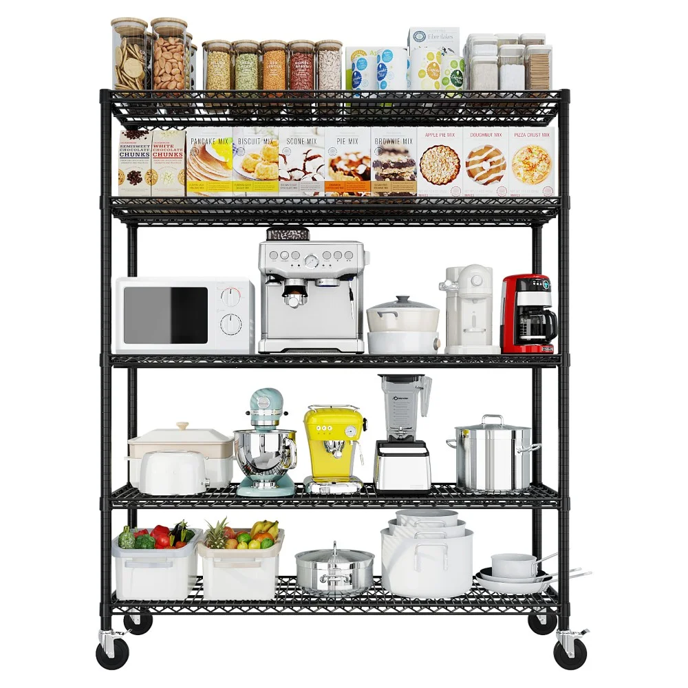 IVV 4-Tier Wire Shelving Unit on Wheels, Rolling Metal Storage Utility Rack, 2500LBS Capacity, Height Adjustable for Restaurant Garage Pantry Kitchen, 55.12"L x 23.62"W x 75.59"H, Black