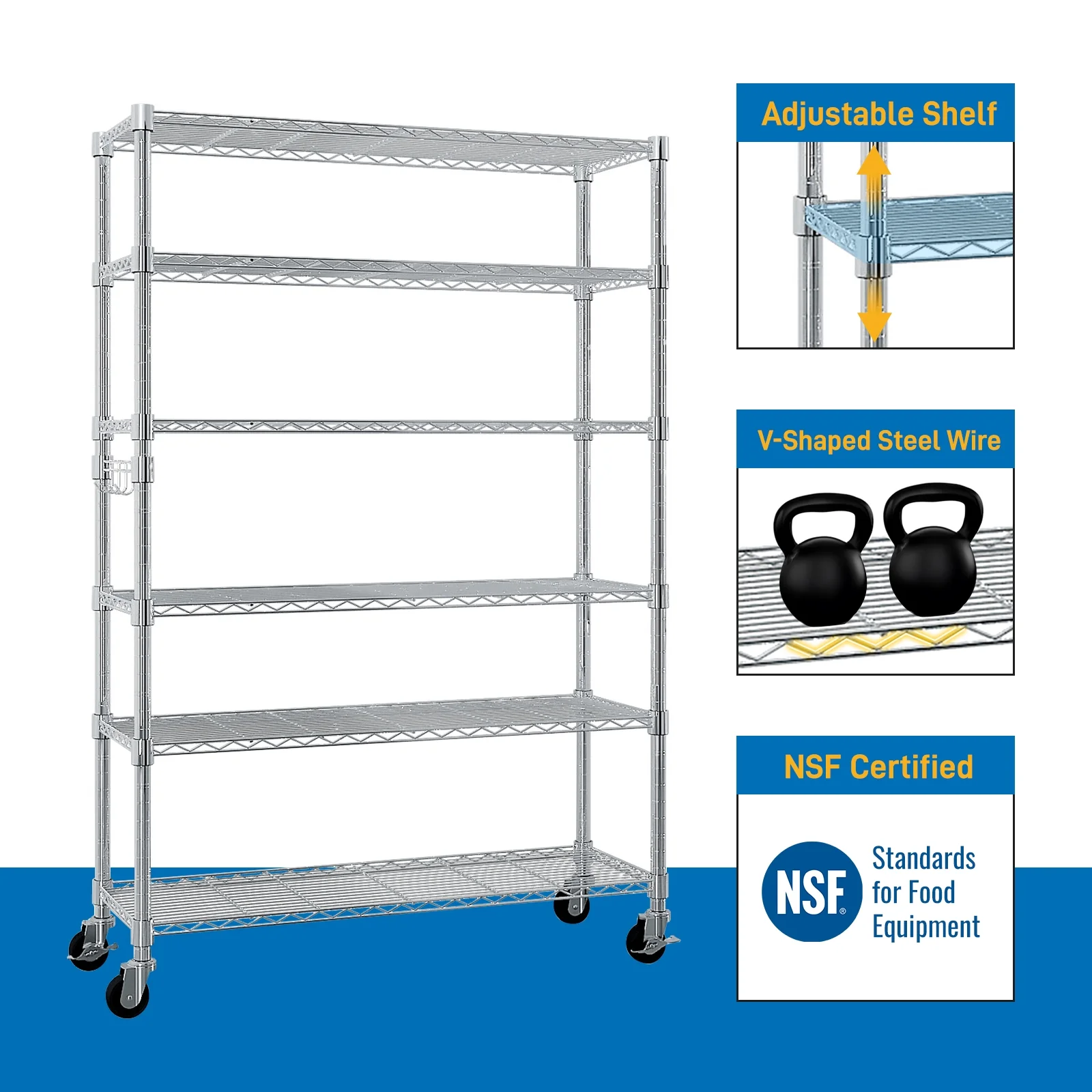 Ktaxon 6 Tier Wire Shelving with Wheels, 46"D x 18"W x 82"H Multifunctional Storage Rack Metal Garage Shelves Organizer, Capacity for 900lbs, Silver