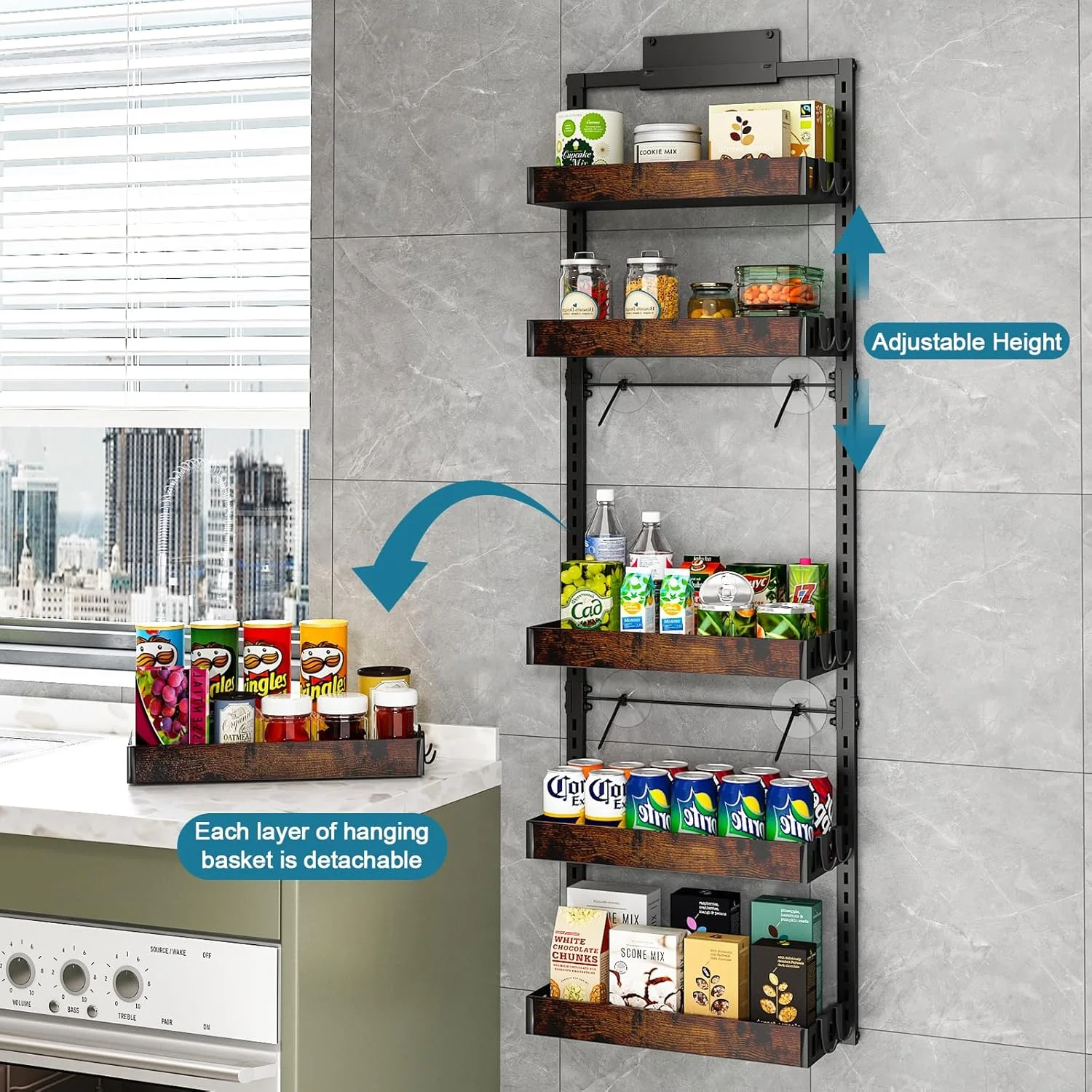 Over the Door Pantry Organizer, 6-Tier Adjustable Wooden Basket Kitchen Pantry Door Organization and Storage, Heavy-Duty Metal Hanging Kitchen Spice Rack,D6.3 x W17.71 x H50.60 inch,1 Pack