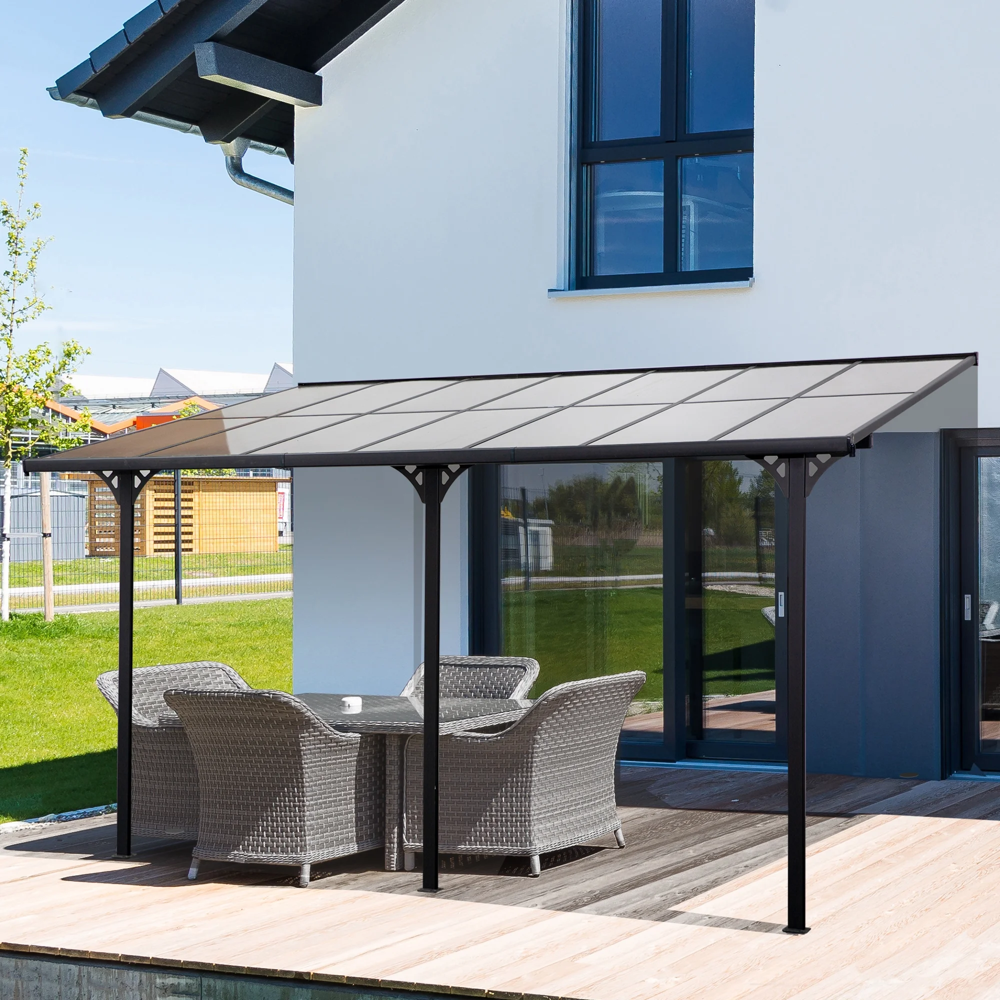Outsunny 14.5′ x 10′ Transparent Wall Pergola, UV Blocking Awning, Gray