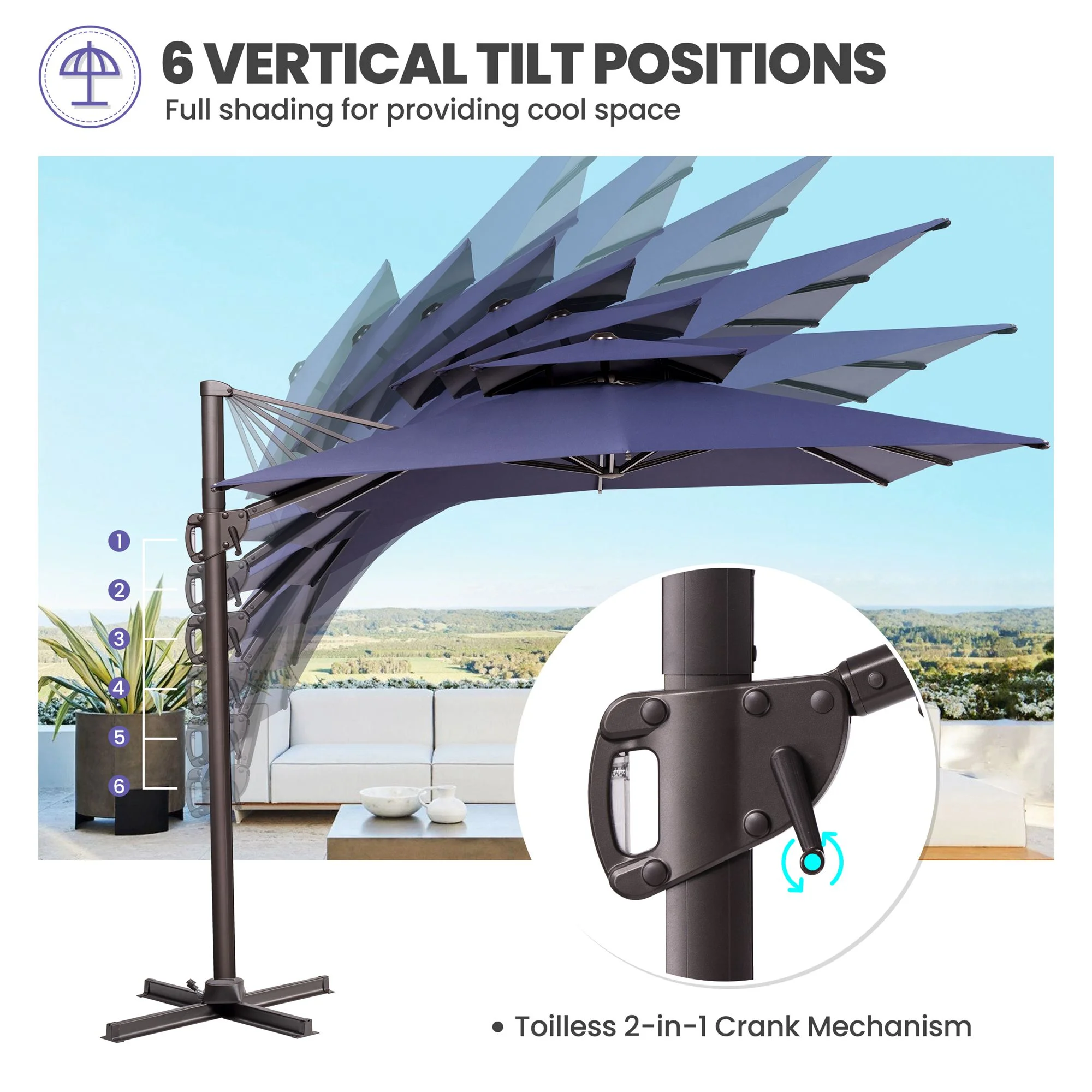 Pellebant 11 ft. x 9 ft. Rectangular Double Top Patio Cantilever Umbrella, Black