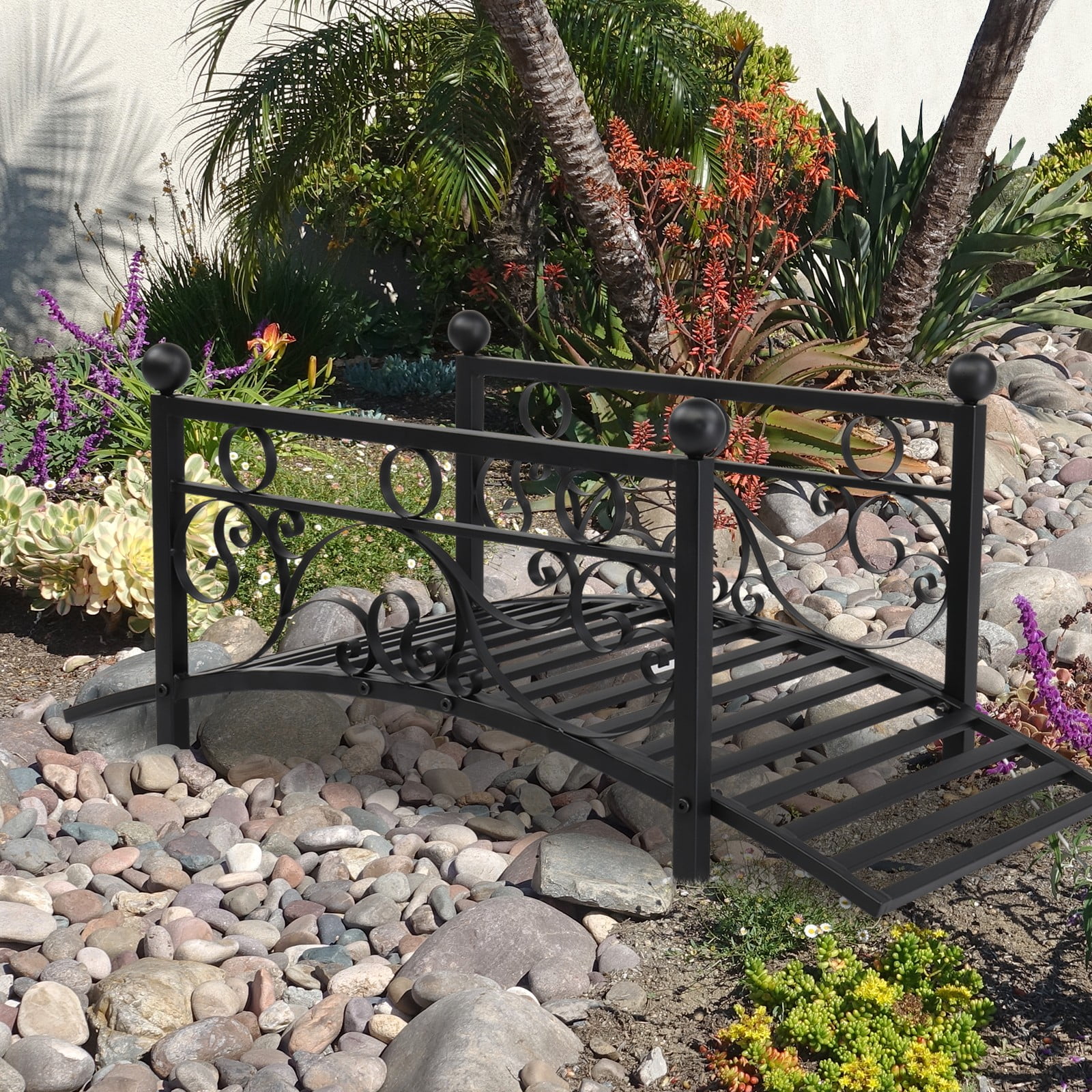 Garden Bridge, Metal Arch Backyard Garden Bridge Safety Siderails, Arch Path Bridge, Ourdoor Decorative Iron Foot Bridge for Pond and Backyard Landscaping (Black with Ball Flat Top), (47 x 26 x 28)"