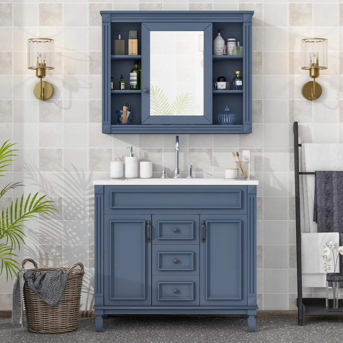 36” Bathroom Vanity Set With Ceramic Sink Top, Mirror Cabinet, 2 Doors And 2 Drawers – Gray