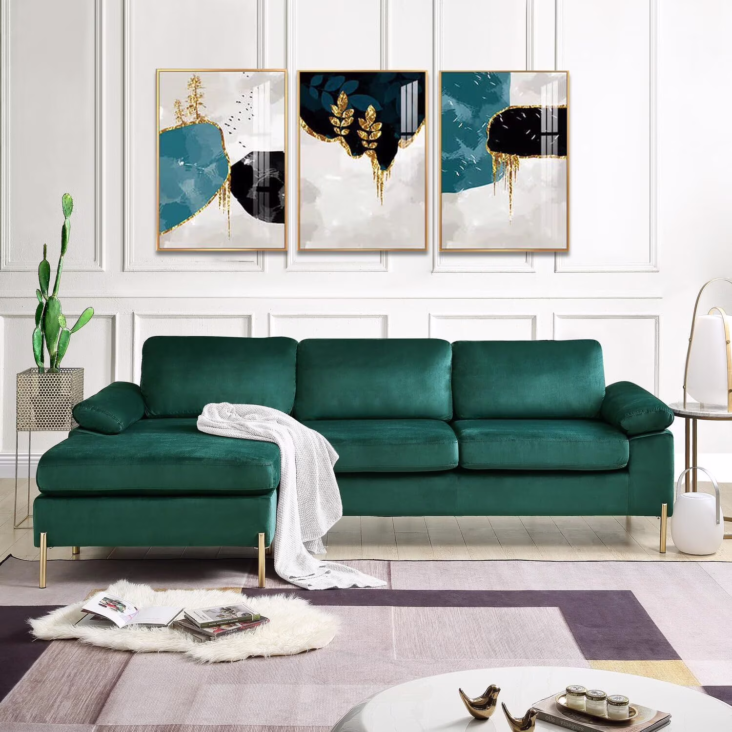 HomeStock Luxe Modern Velvet L-Shape Sectional Sofa with Square Padded Armrests, Solid Pattern Upholstery - 51.6"D x 101.2"W x 33.1"H, Comfortable and Stylish Seating for Living Room-Color:Gray/Gold