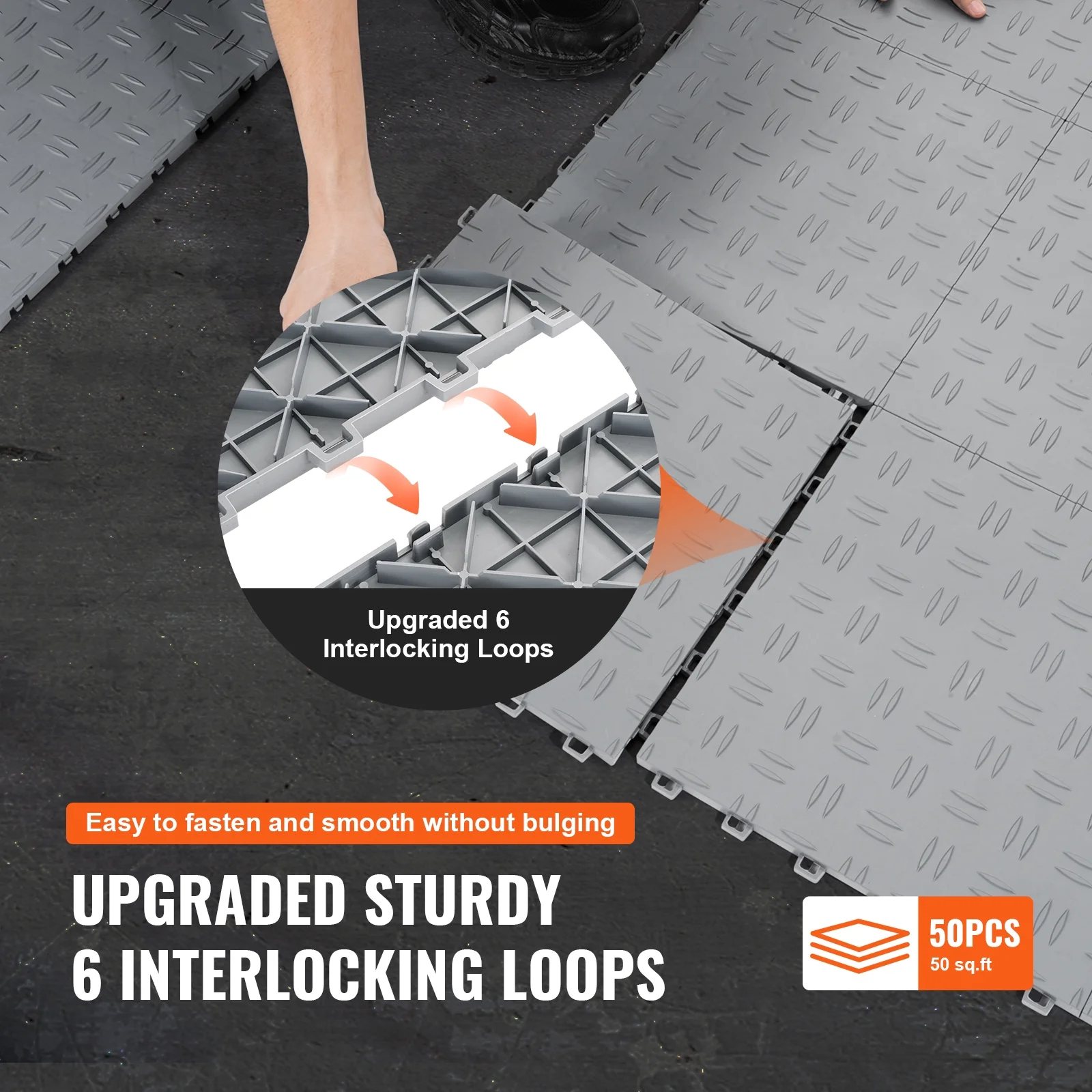 VEVOR Garage Tiles Interlocking, 12 x 12 x 0.53 inch 50 Pack Garage Floor Covering Tiles, Non-Slip Double-Sided Texture Garage Flooring Tiles, for Garages, Basements, Repair Shops, Silver