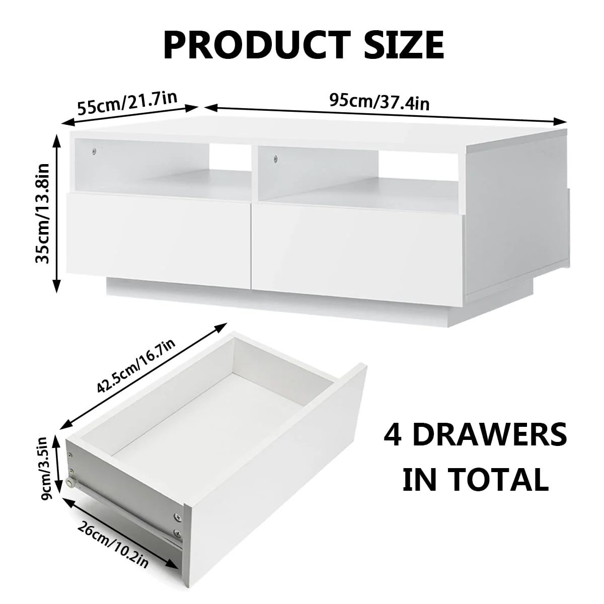 Hommpa LED Coffee Table Rectangular High Gloss Coffee Tea Table Modern Center Table with LED Light 4 Storage Drawers Sofa End Table for Living Room 35.4 x 22 x 13.8 Inches