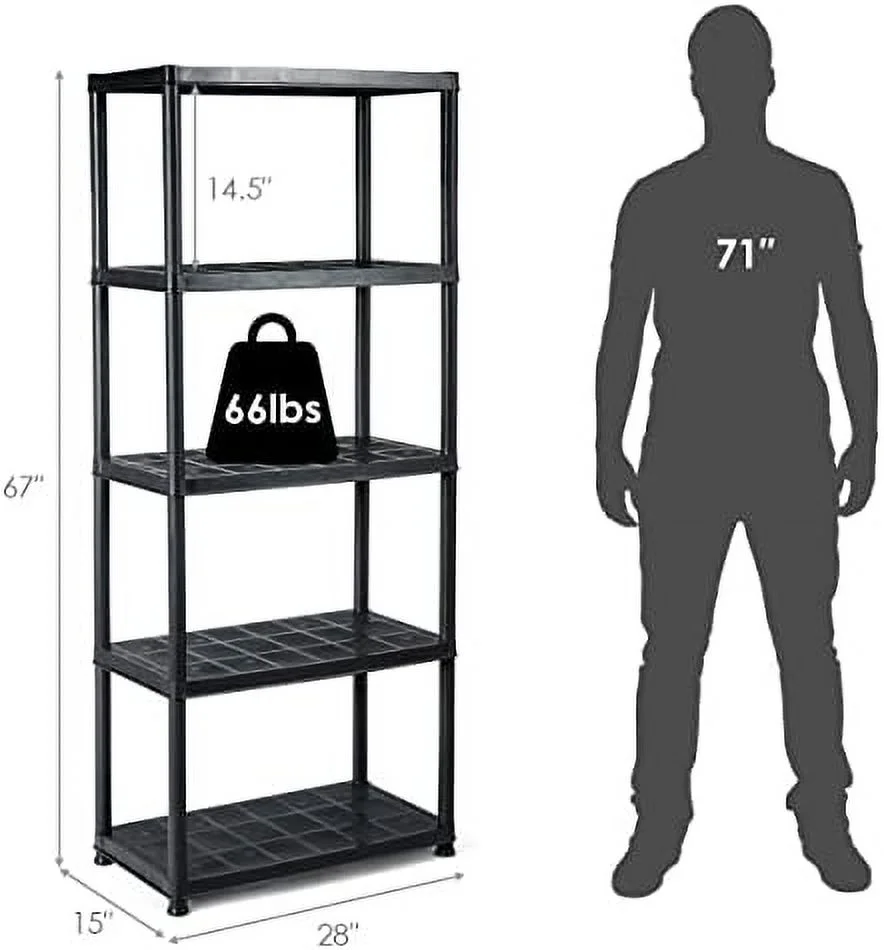5 Tier Plastic Storage Shelves, Easy to Assemble Garage Rack, Multi-Use Free Standing Shelf Unit, Heavy Duty Shelving for Home Office, Black(2, 36L X 18W X 73H)