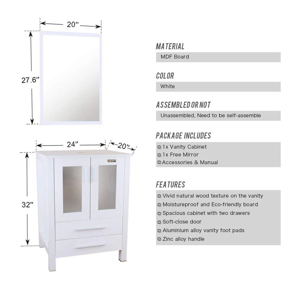 Eclife 24″W x 20″D x 32″H Classical Bathroom Vanity Vessel Sink Set with Faucet, Mirror White Vanity and Ocean Blue Square Glass Sink Pop up Drain Combo