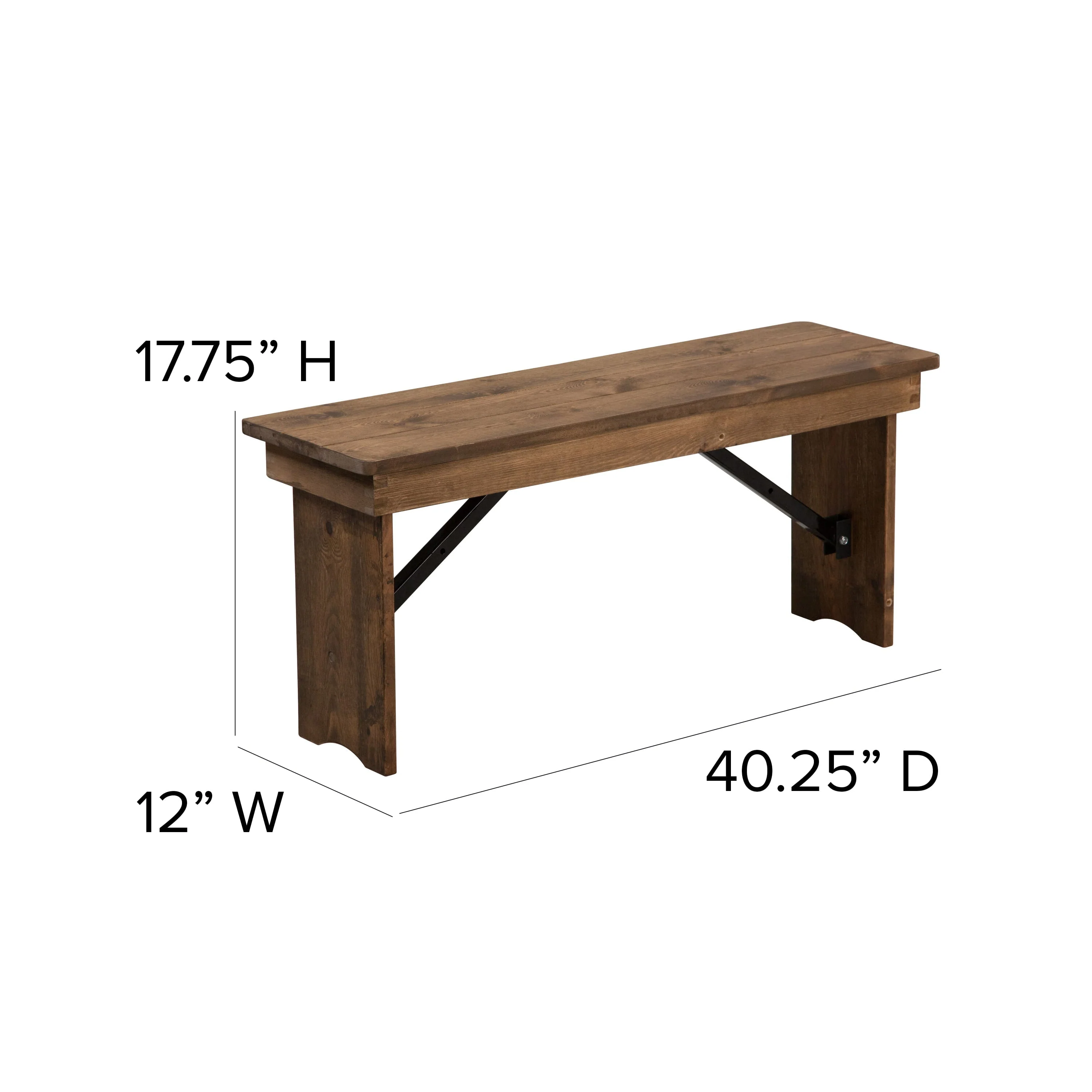 BizChair 40" x 12" Antique Rustic Solid Pine Folding Farm Bench