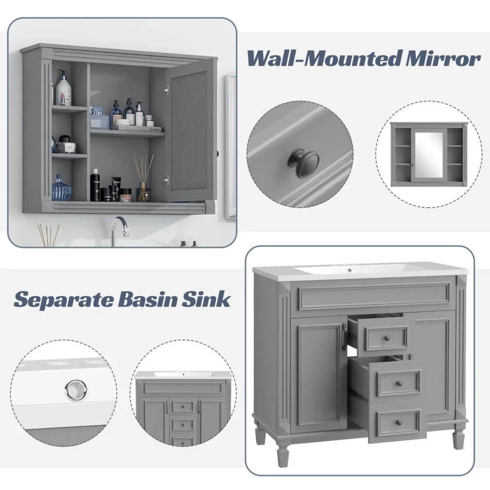 36'' Bathroom Vanity Set With Ceramic Sink Top, Mirror Cabinet, 2 Doors And 2 Drawers - Gray