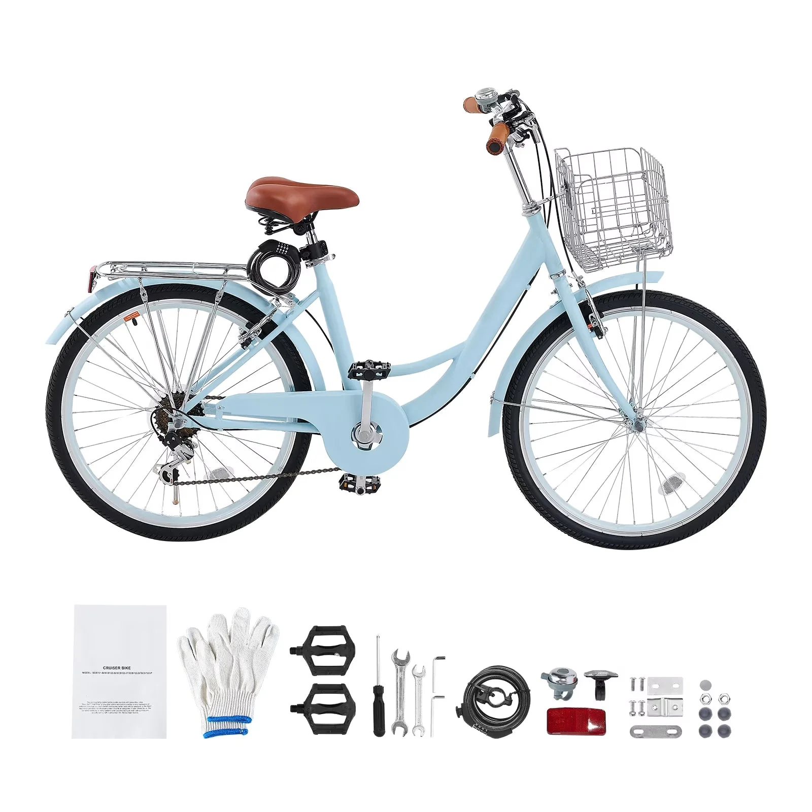 KFFKFF 26 in 7-Speed Cruiser Bike, Pale Blue With Front Basket And Rear Rack - SCB722-B