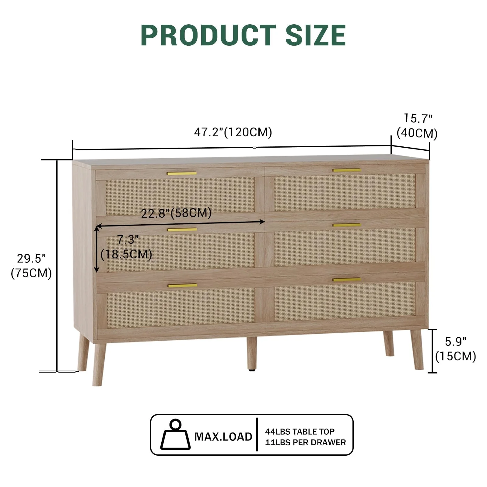 Huloretions 6 Drawer Dresser,Rattan Chest of Dressers,Mid Century Modern Dresser For Closet With Handles,Large Table Top Dresser For Bedroom Living Room Hallway 47.2" x 15.7" x 29.5"