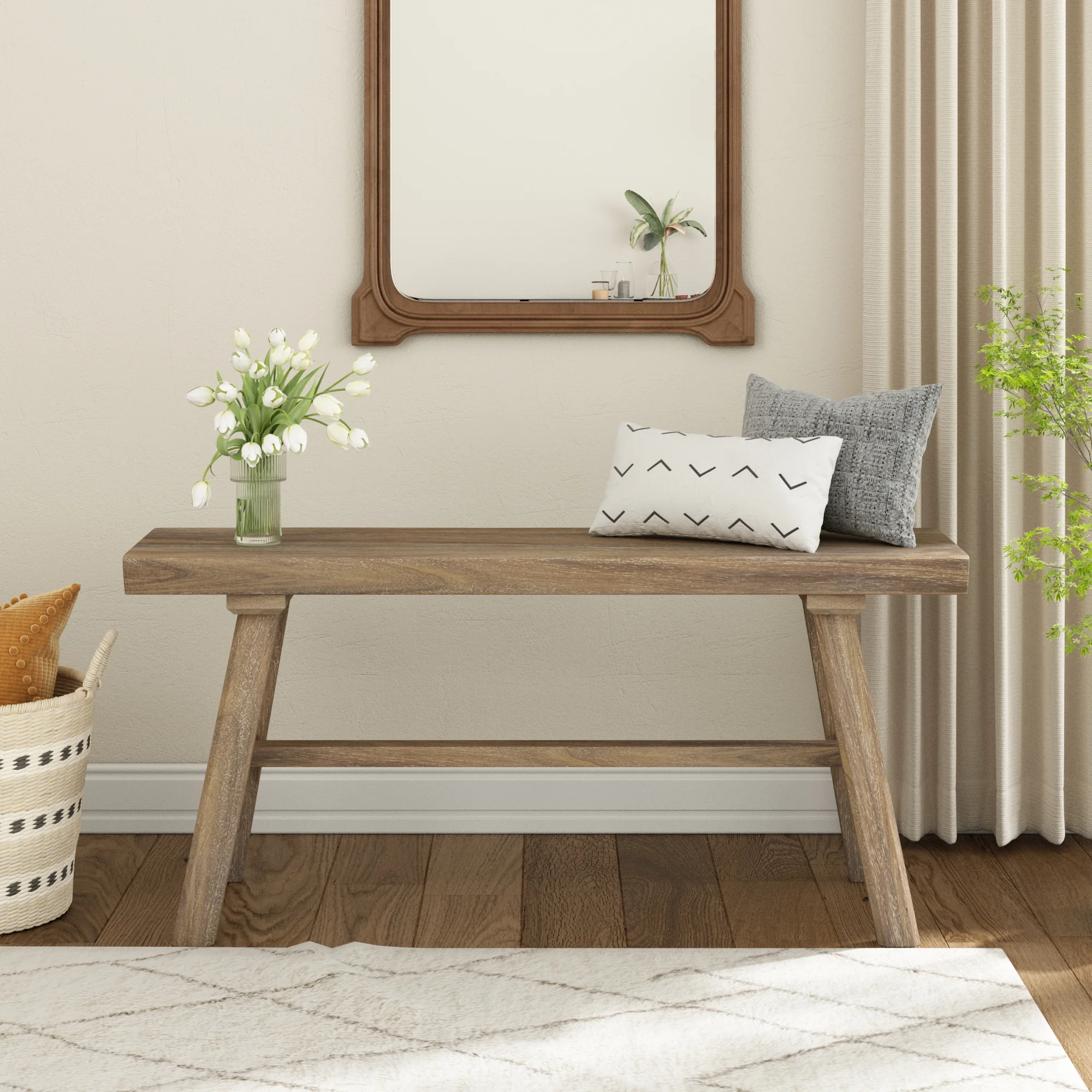 39″ Solid Wood Bench, Rustic Farmhouse Wood Dining Room & Entryway Bench Seat for Indoors and Outdoors
