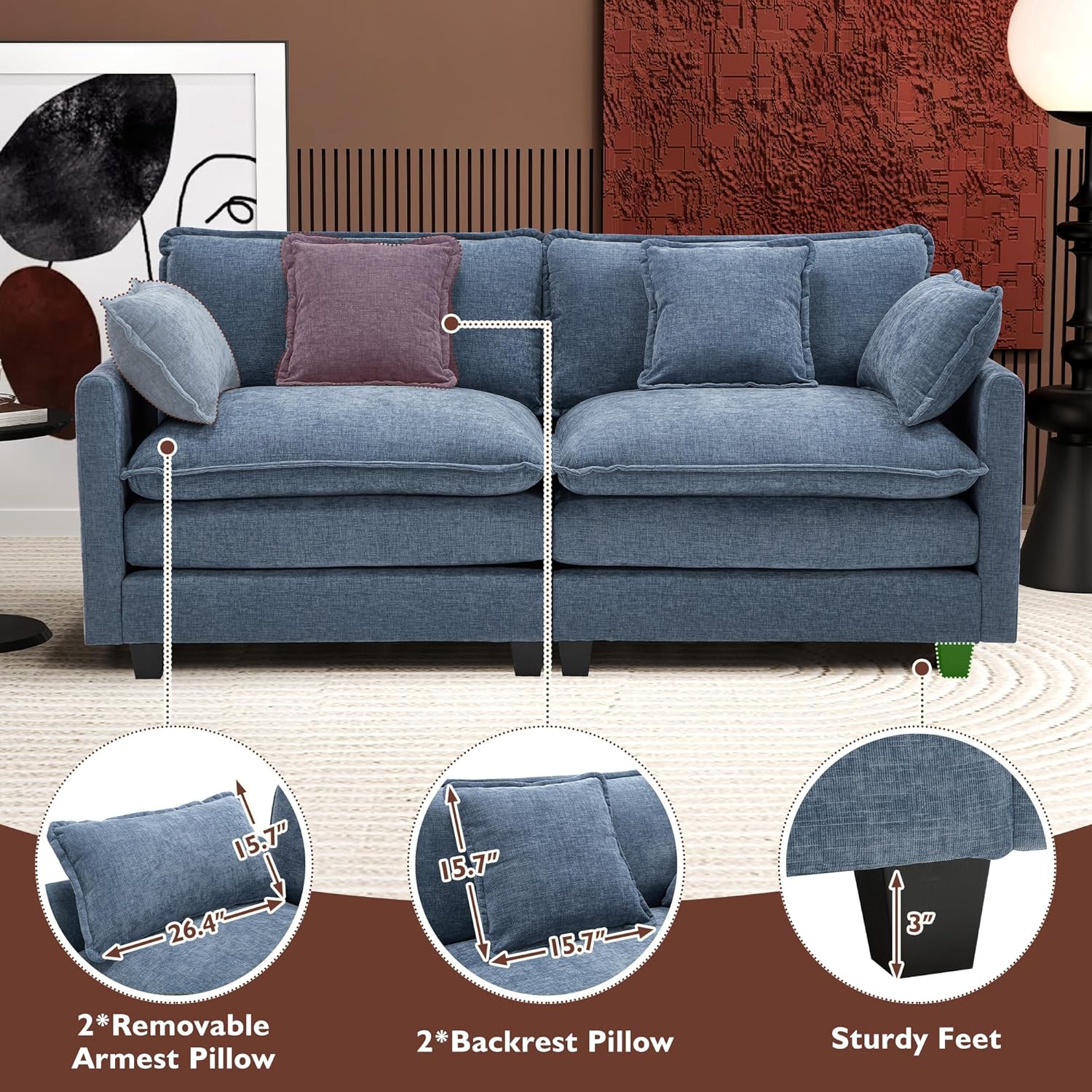 Ihanherry 146" U-Shaped Modern Sofa Modular Sectional Cloud Couch with 2 Ottoman, 6-Seat Chenille Deep Seat Sofa with 6 Pillows for Living Room, Bedroom and Apartment, Grey