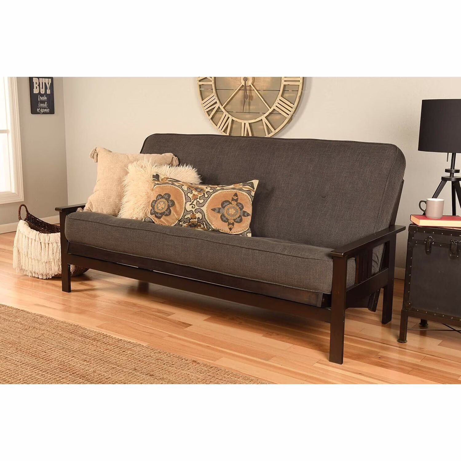 Homestock African Artifacts Full Size Futon Frame Set with Mattress, Easily Converts to Bed, Versatile Design Futon Frame for All Spaces, 33"H x 79"L x 37"D-Color:Linen Charcoal,Size:Barbados