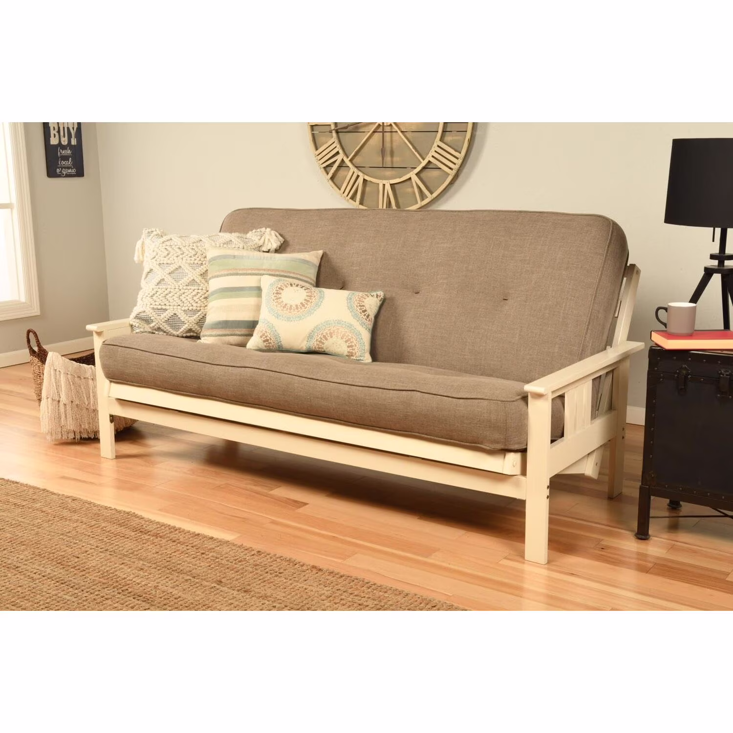Homestock African Artifacts Full Size Futon Frame Set with Mattress, Easily Converts to Bed, Versatile Design Futon Frame for All Spaces, 33"H x 79"L x 37"D-Color:Linen Charcoal,Size:Barbados