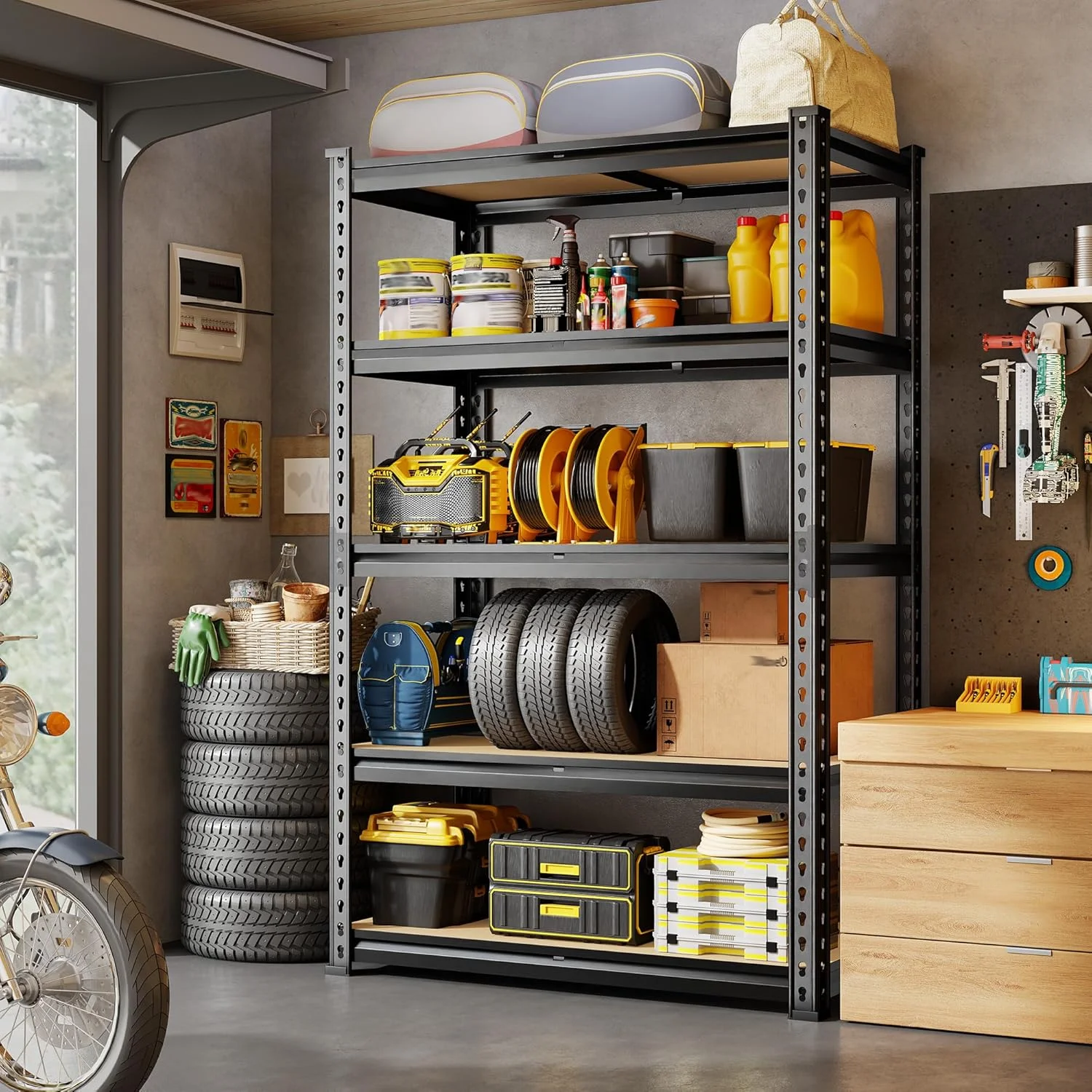 72.12″ H Garage Shelving, Storage Shelves Load 2100LBS, 5-Tier Adjustable Shelving Unit with Thickened Wooden Boards for Multiple Scenarios, 72.12″ H x 35.55″ W x 11.85″ D, Black