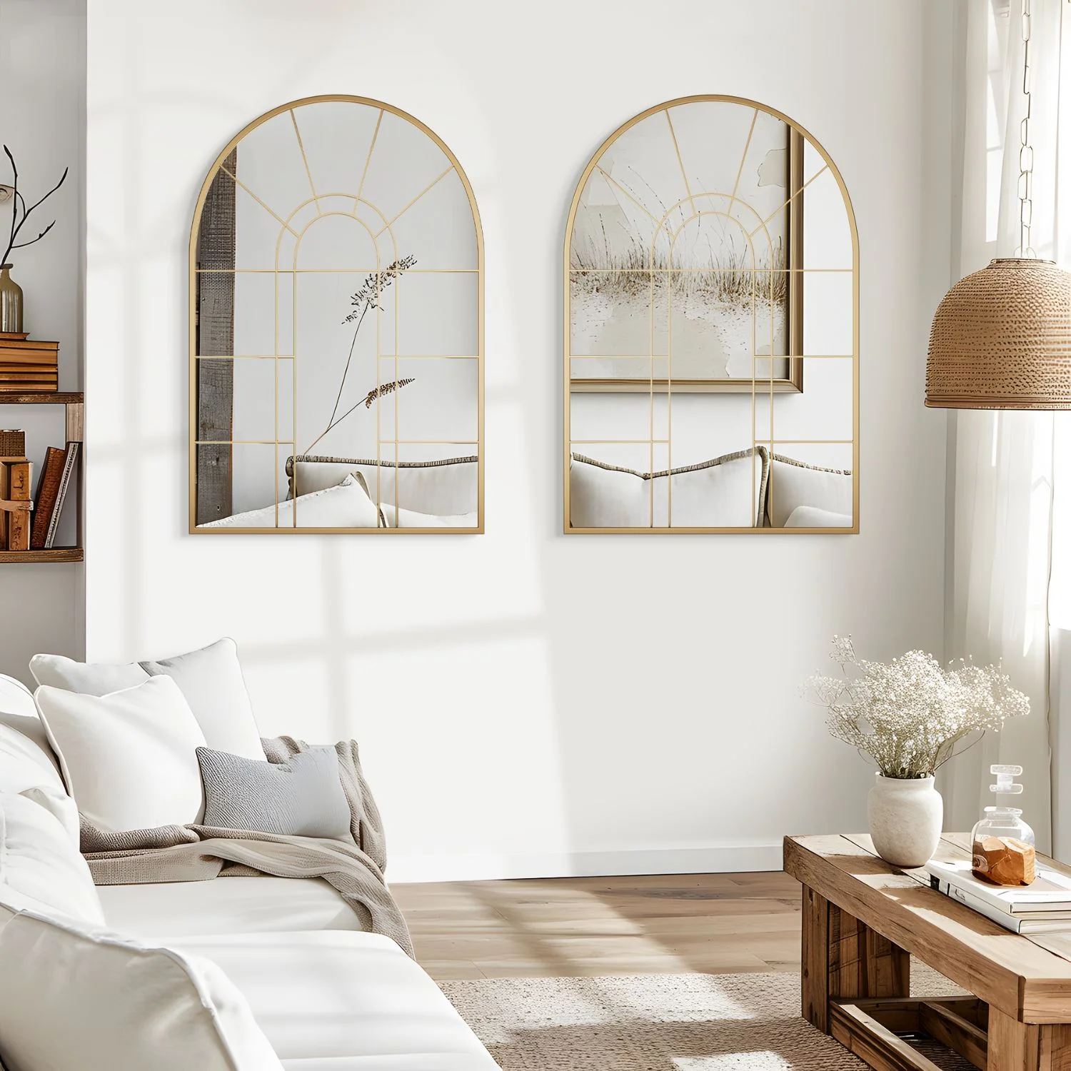 Lirago 42" x 28" Arched Decorative Mirror Metal Window Pane Wall Mirror, Gold