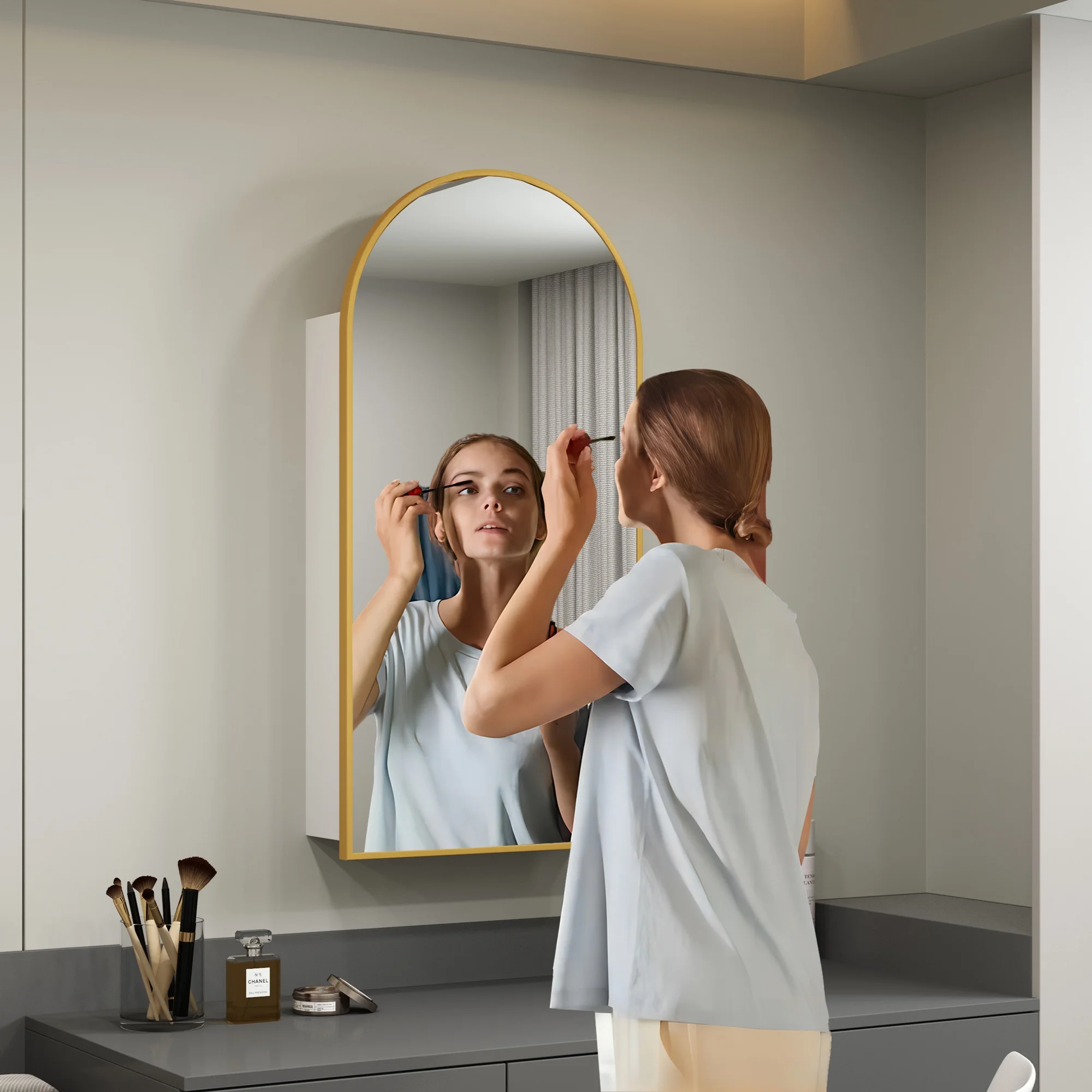 FKWin Arched Bathroom Medicine Cabinet with Mirror - Aluminum Framed Bathroom Mirror with Storage, Black Mirrored Medicine Cabinet, Wall Surface Mounted, 31.4"H x 15.7"W x 3.9"D