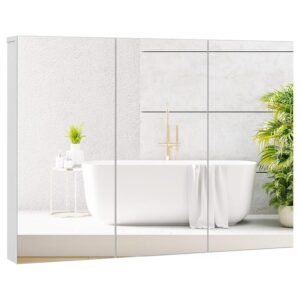 Mirrored Medicine Cabinet, Large Wide Wall Mounted Storage Cabinet with 3 Mirror Doors & Adjustable Shelf, Hanging Bathroom Organizer, White, 36 x 4.5 x 25.5 Inches